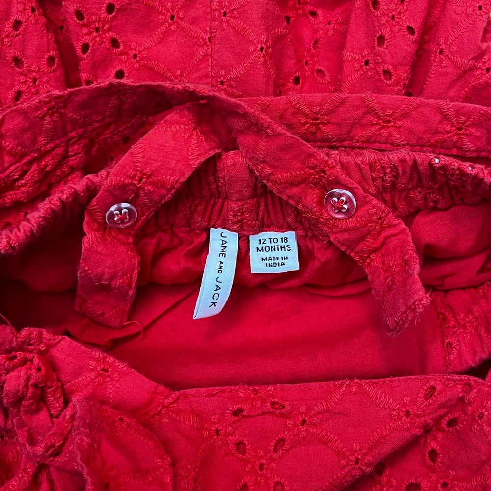 JANIE AND JACK Eyelet Romper Girls 12-18mo Cotton Ruffle Bubble Summer Red - Picture 5 of 7